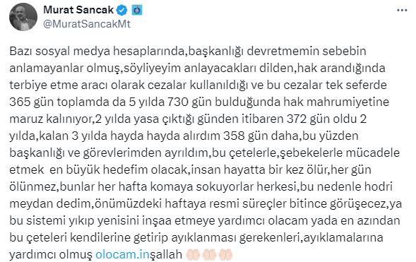 Adana Demirspor başkanlığını bırakan Murat Sancak istifa nedenini açıkladı