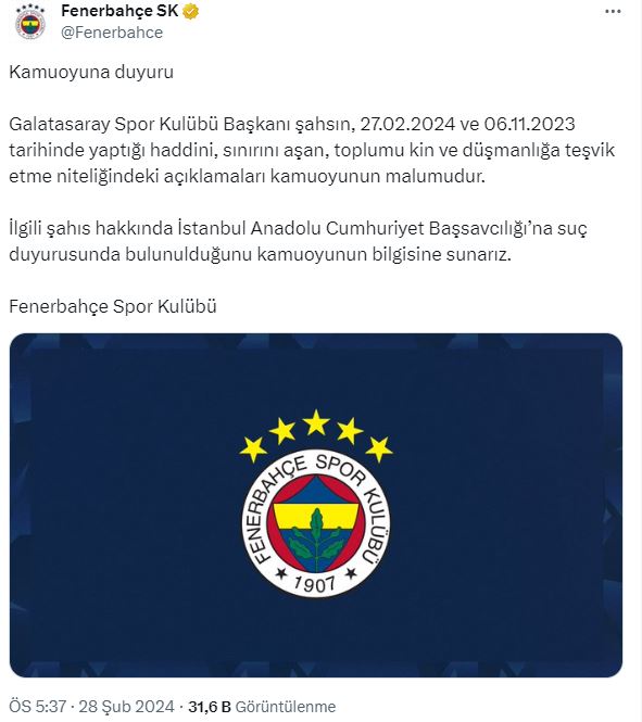 Ortalık iyice karışacak! Fenerbahçe'den Dursun Özbek'e suç duyurusu