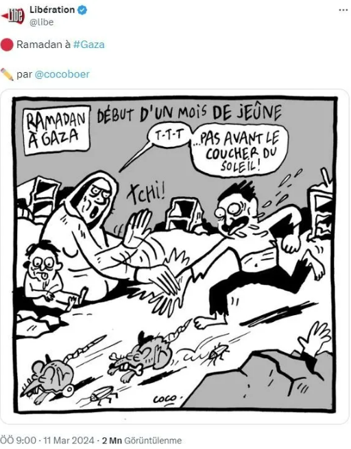 Fransız gazetesi Liberation, skandal bir karikatürle Gazzelilerle dalga geçti