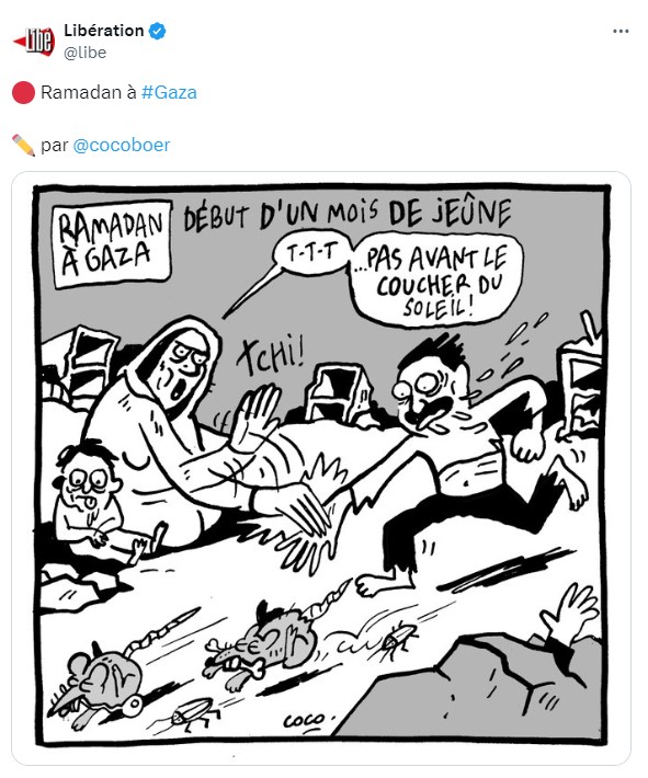 Fransız Libération gazetesi 'Gazze'de Ramazan' karikatürüyle, açlıktan ölen kişilerle dalga geçti