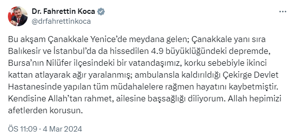 Çanakkale'deki 4,9'luk deprem nedeniyle Bursa'da panikle 2. kattan atlayan vatandaş hayatını kaybetti