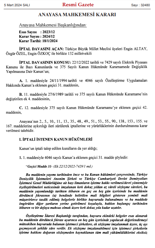 Anayasa Mahkemesi limanlarda işletme hakkını 49 yıla uzatan düzenlemeyi iptal etti